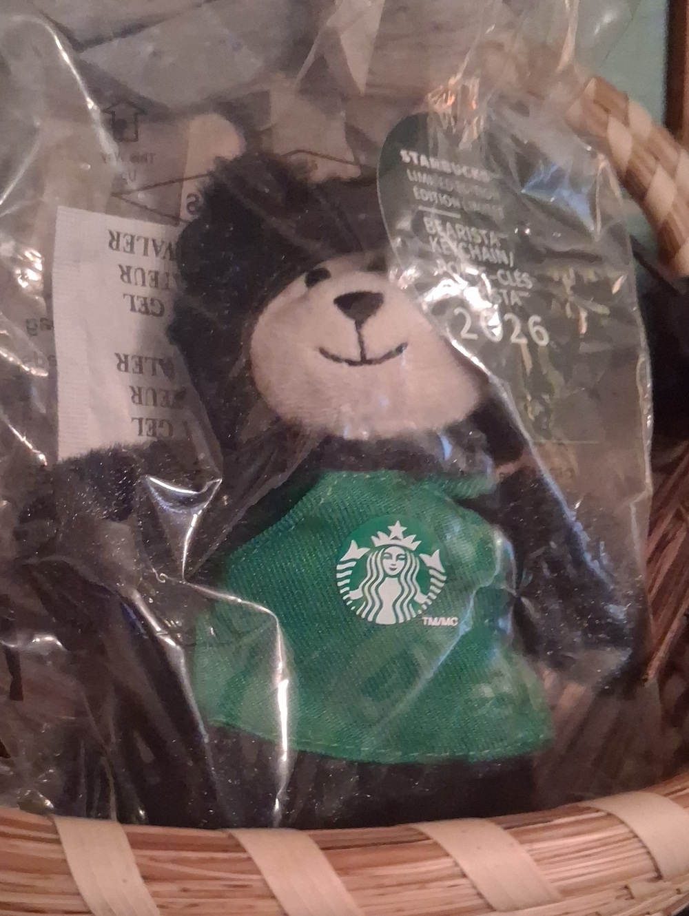 Starbucks Limted Edition Black Bear Cat Plush Keychain with Green Apron